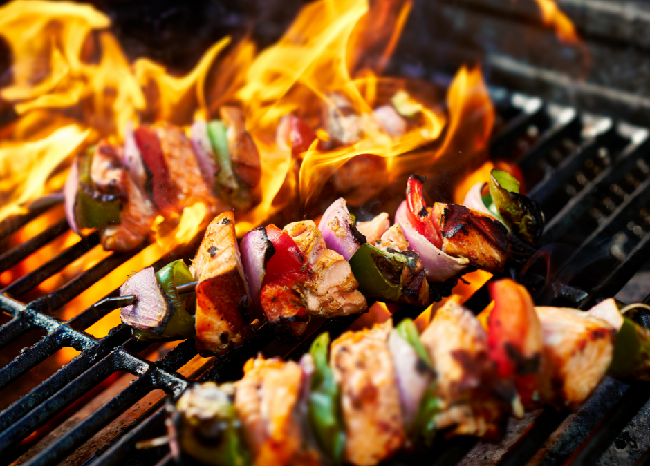 kabobs on flaming grill