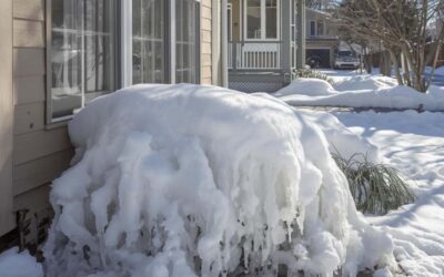 Snow and icicles cover a bush beside a house in a suburban neighborhood