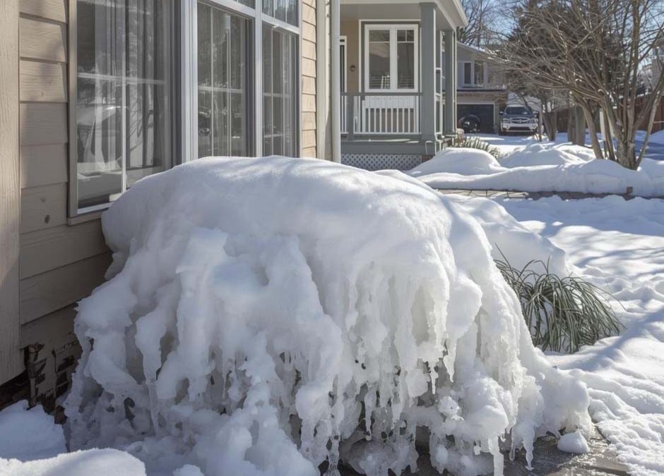 Snow and icicles cover a bush beside a house in a suburban neighborhood